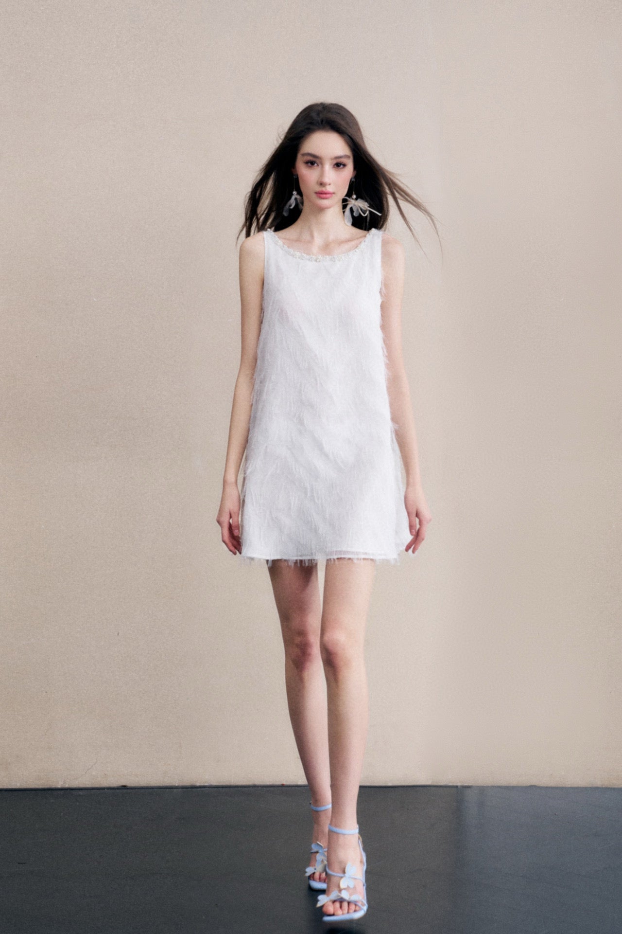 White Fringe Open-back Beaded A-lined Mini Dress