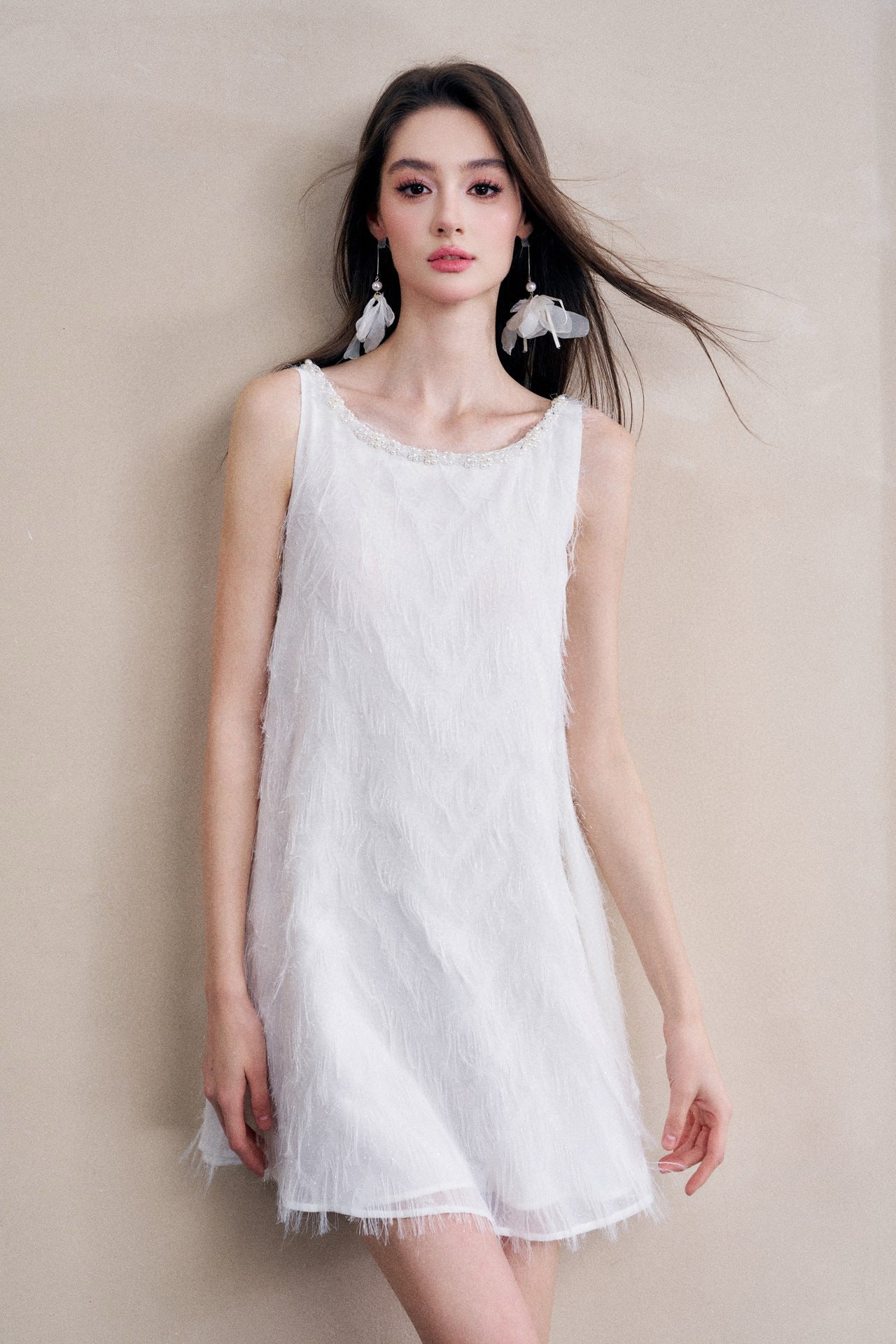 White Fringe Open-back Beaded A-lined Mini Dress