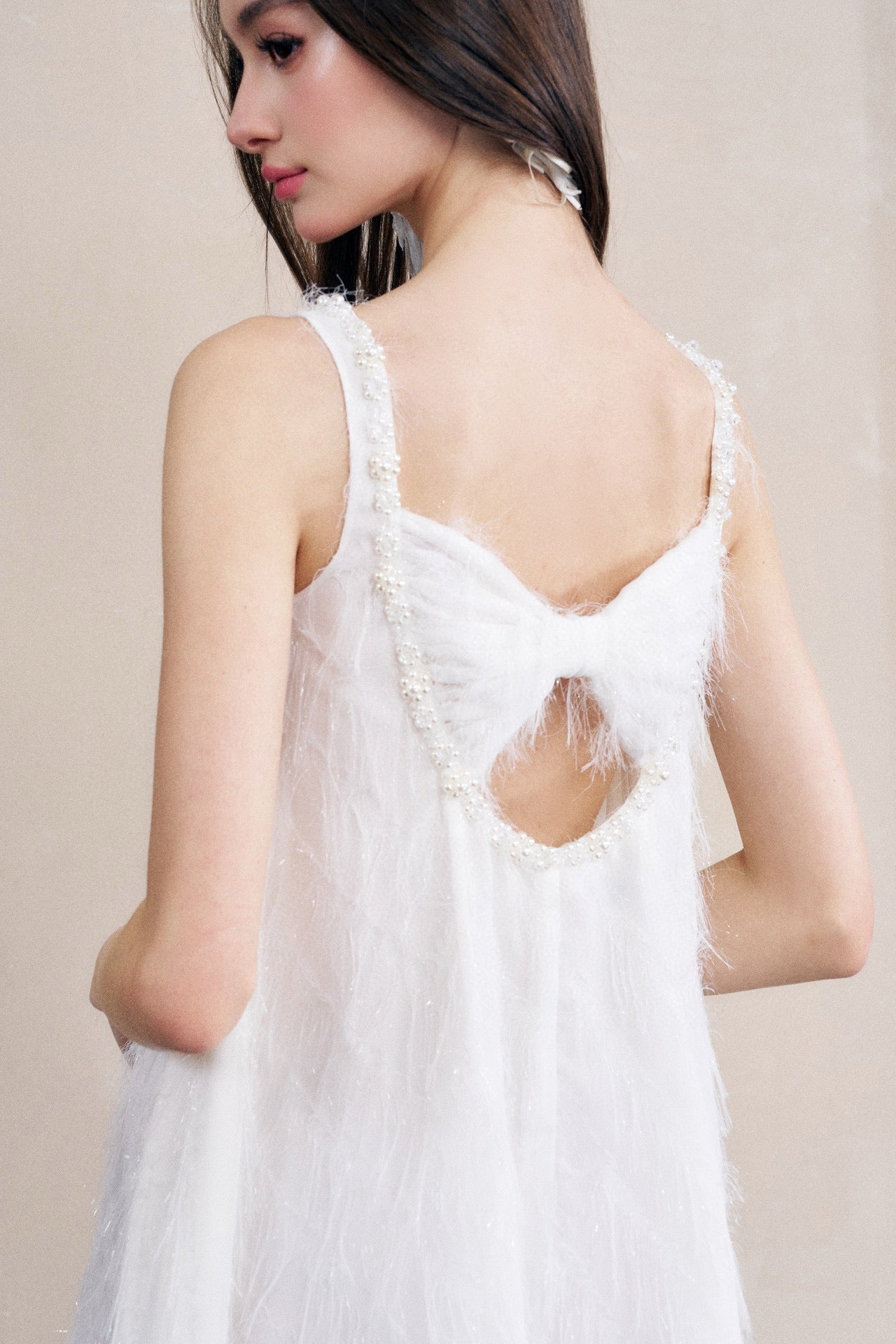 White Fringe Open-back Beaded A-lined Mini Dress