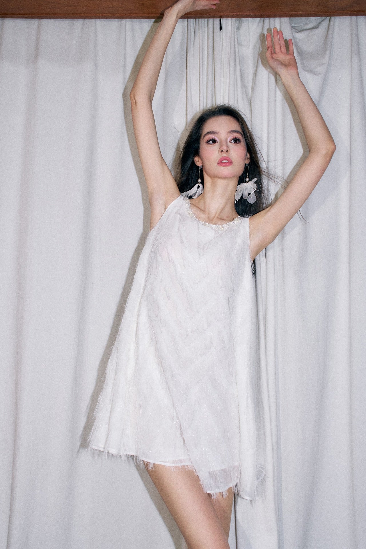 White Fringe Open-back Beaded A-lined Mini Dress