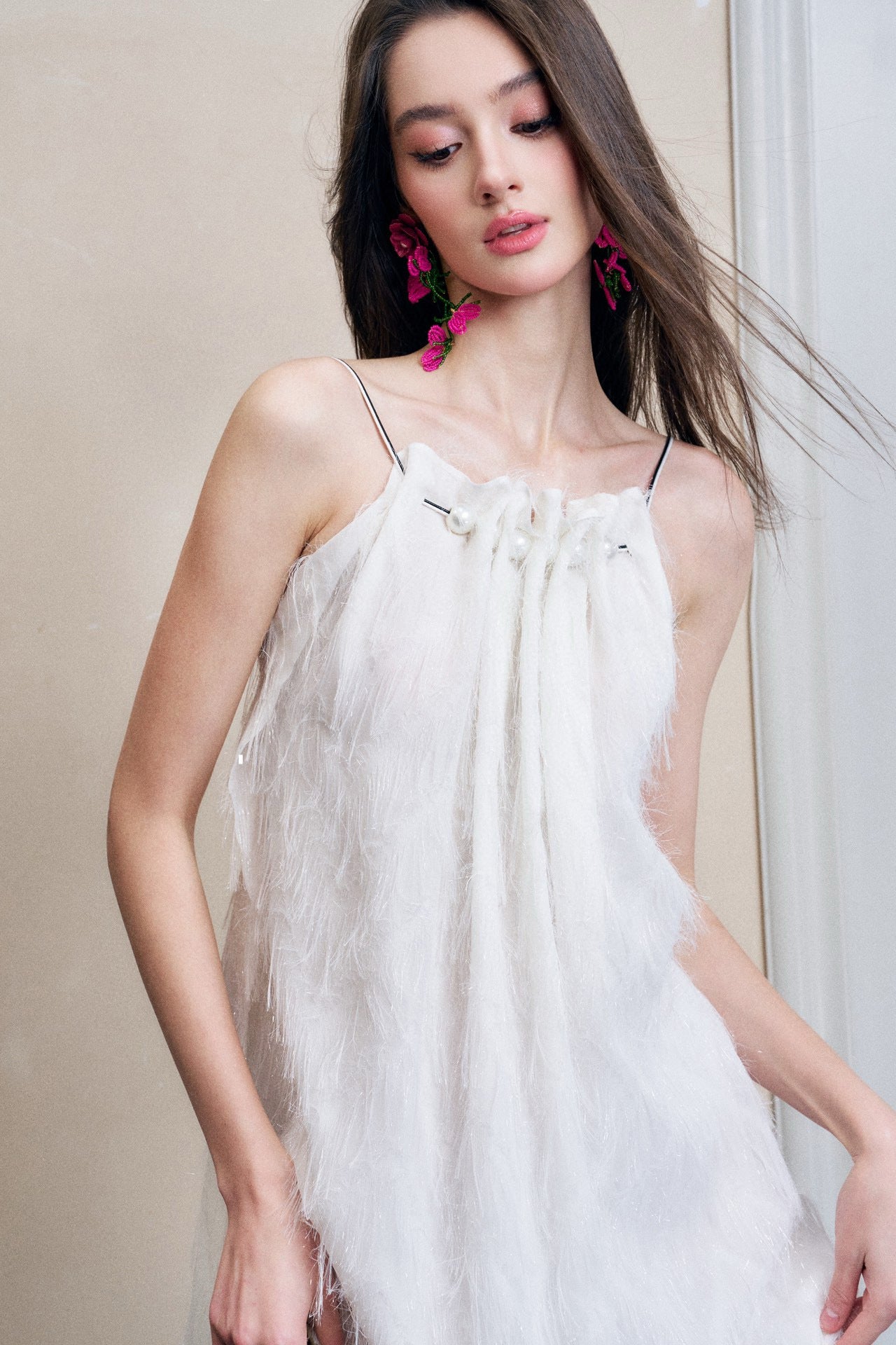 Fringe Open-back Gathered Midi Dress