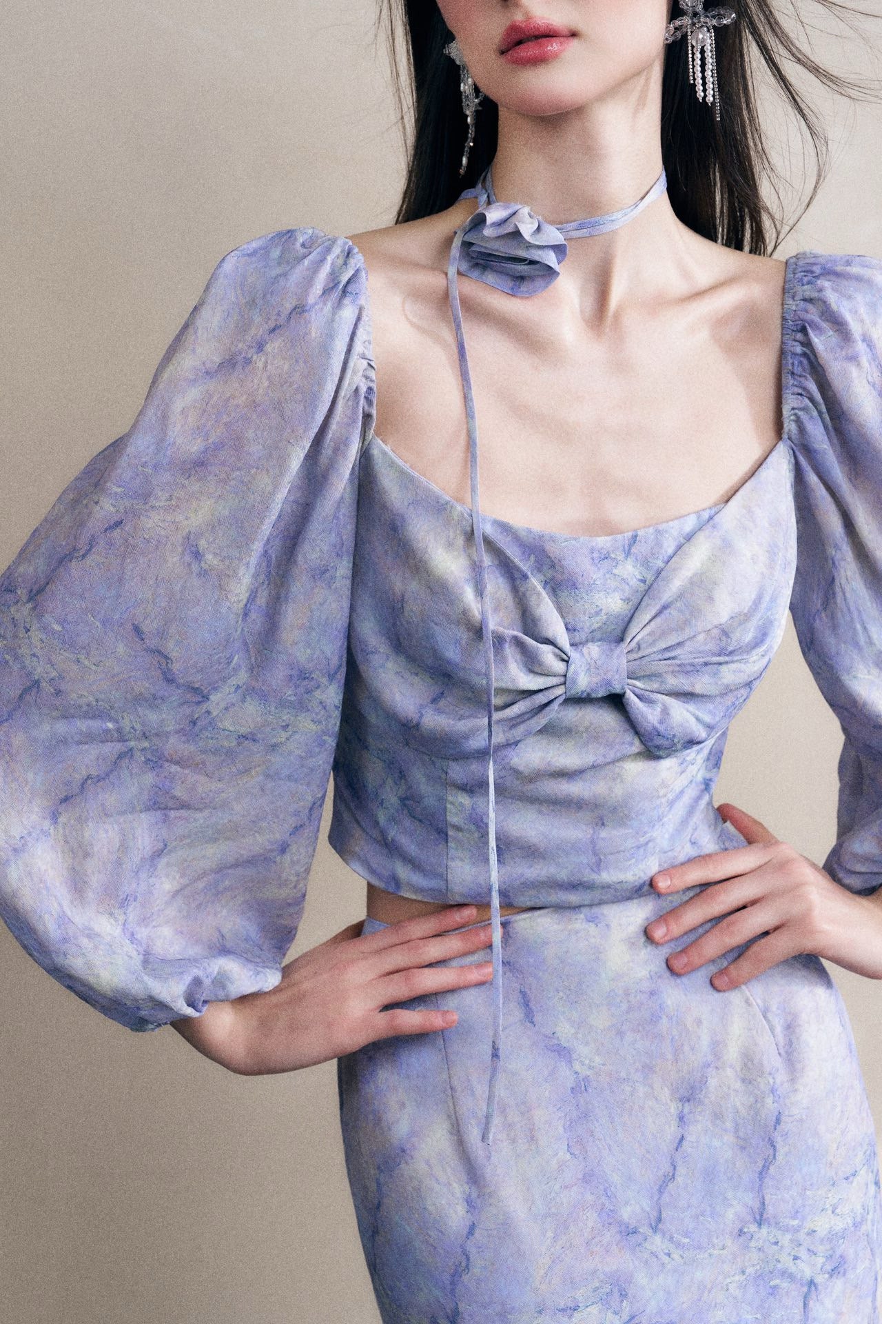 Lavender Marble-print Puff Sleeve Top