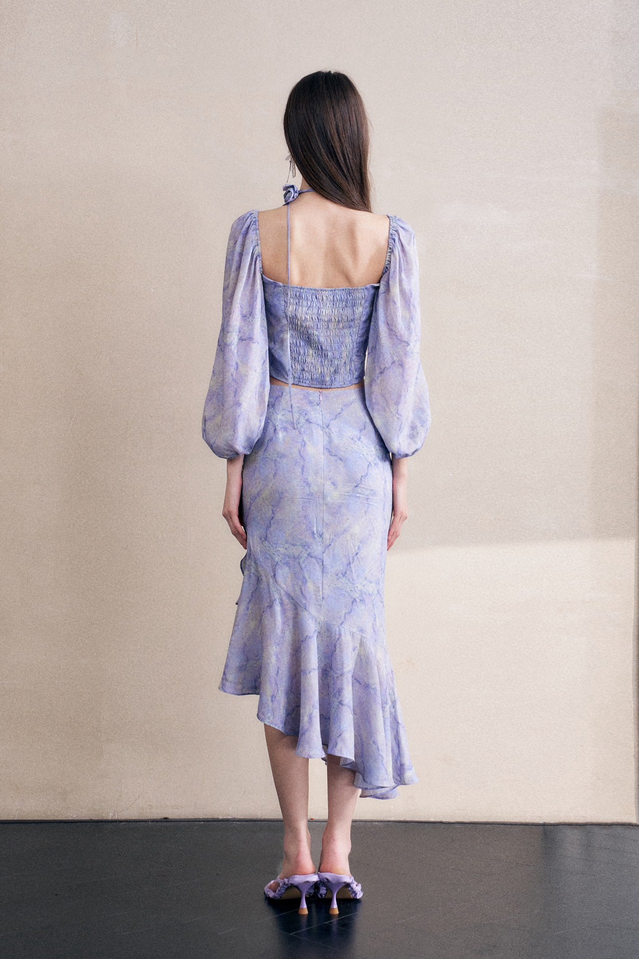 Lavender Marble-print Puff Sleeve Top