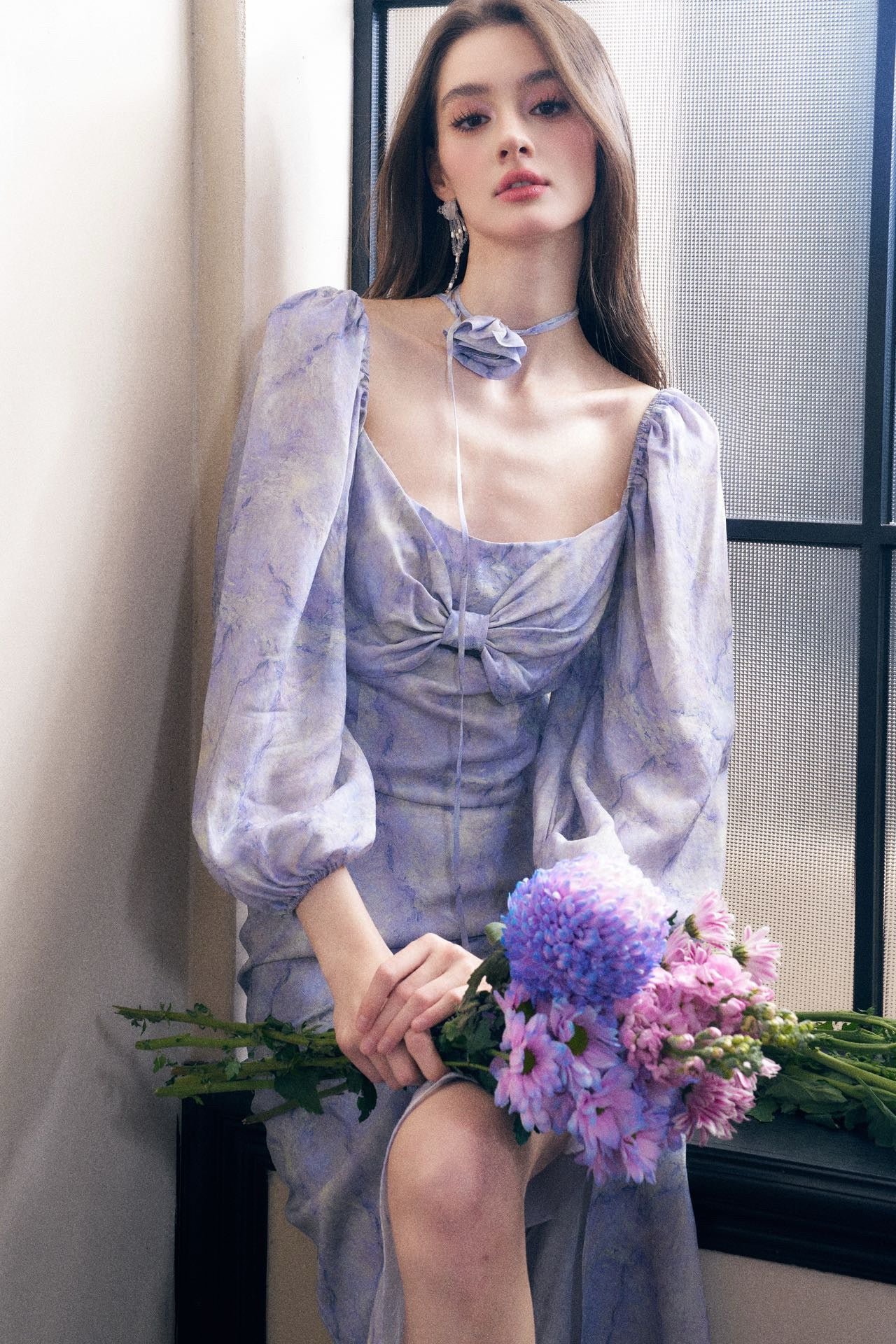 Lavender Marble-print Puff Sleeve Top