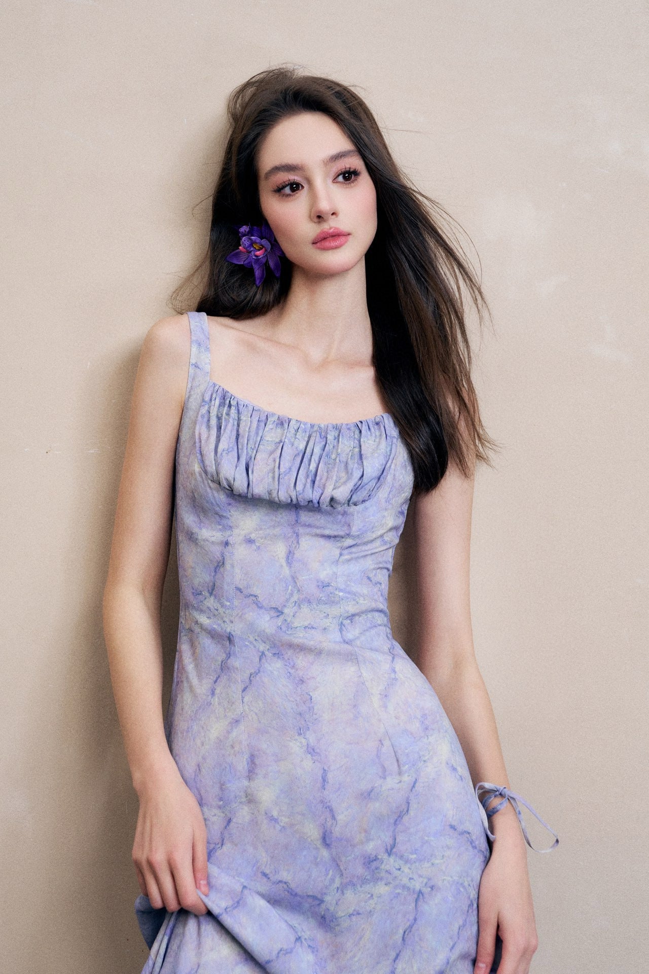 Lavender Marble Printed Square Neck Pleated Dress