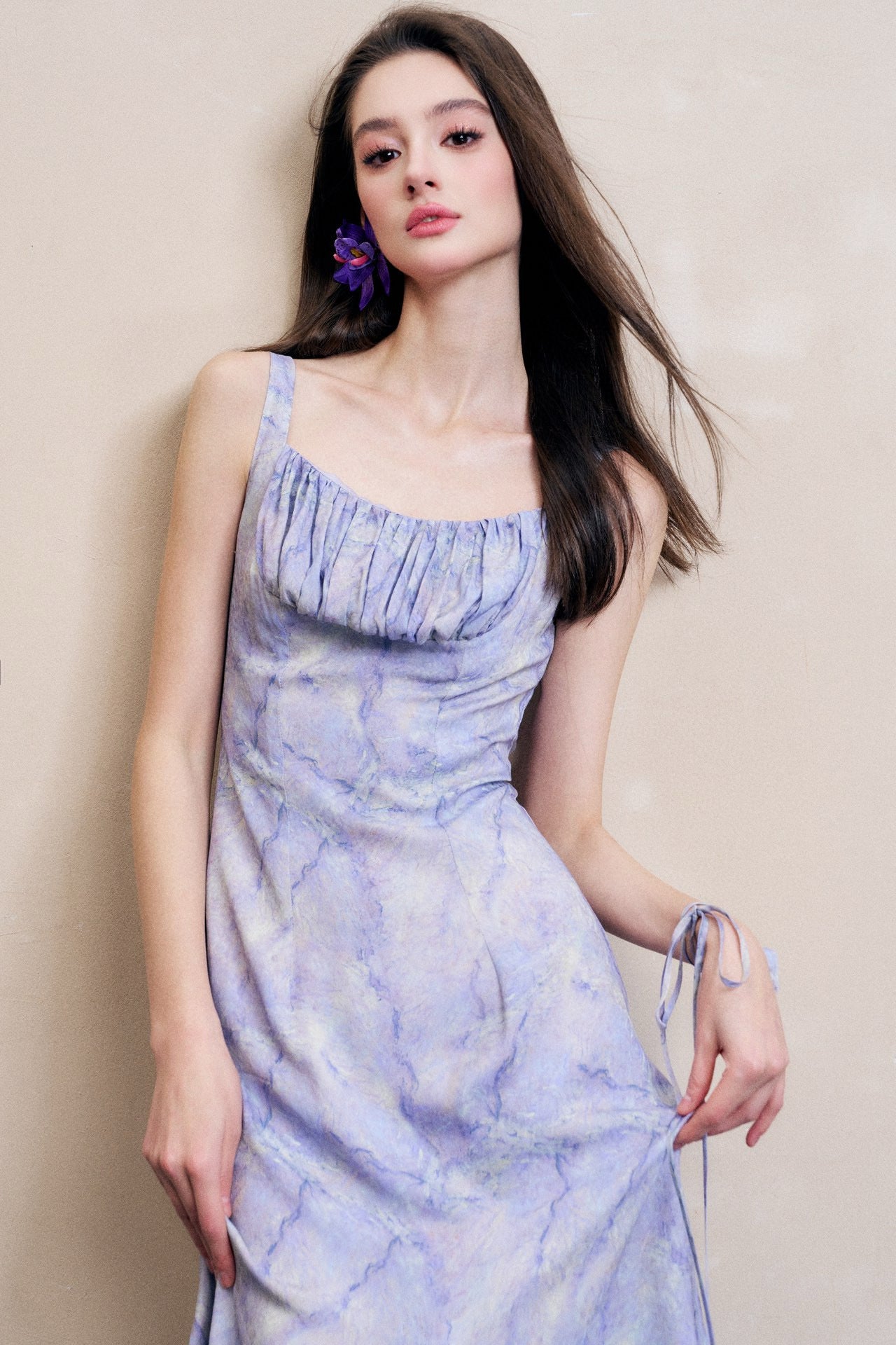 Lavender Marble Printed Square Neck Pleated Dress