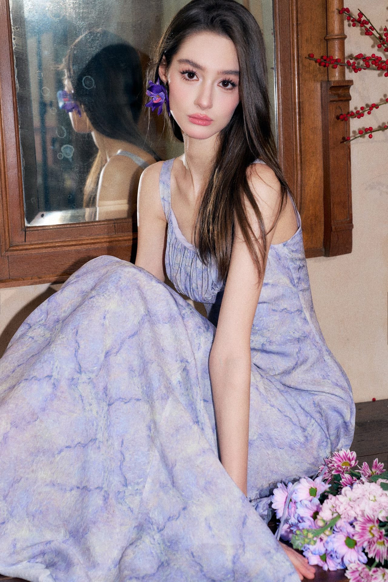 Lavender Marble Printed Square Neck Pleated Dress