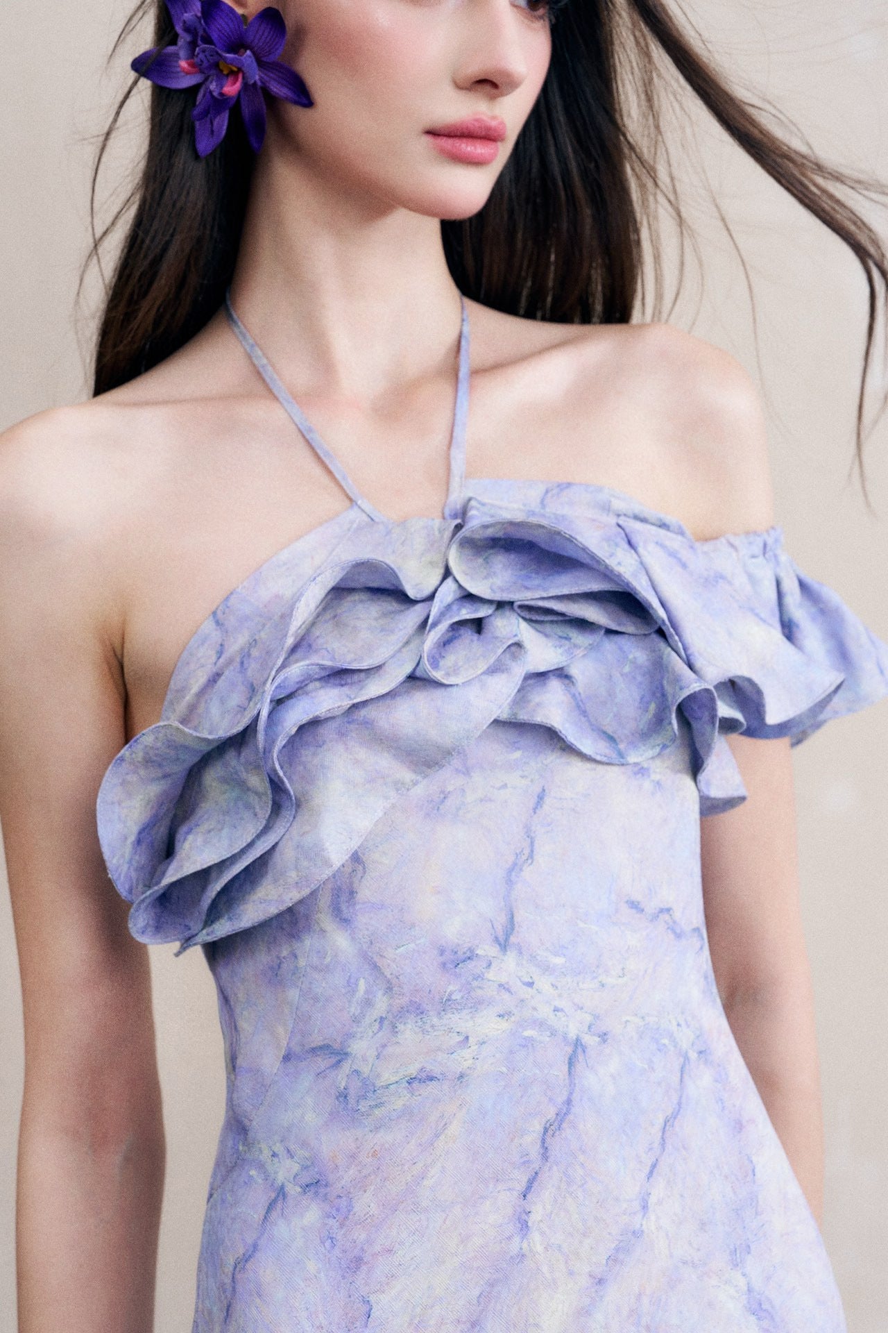 Lavender Single Off-shoulder Sleeve Halter Ruffle Dress