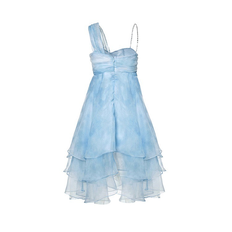 Dyed Organza Rose Layered Mini Dress in Blue