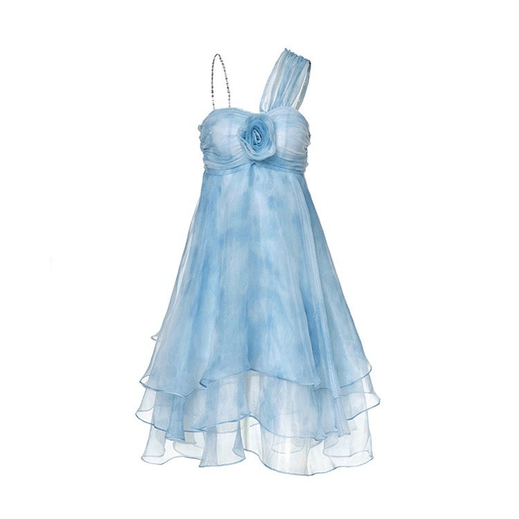 Dyed Organza Rose Layered Mini Dress in Blue