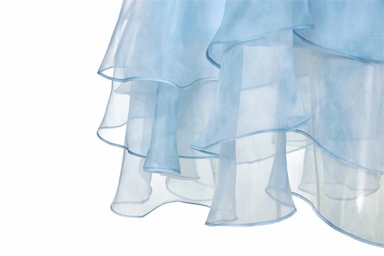 Dyed Organza Rose Layered Mini Dress in Blue