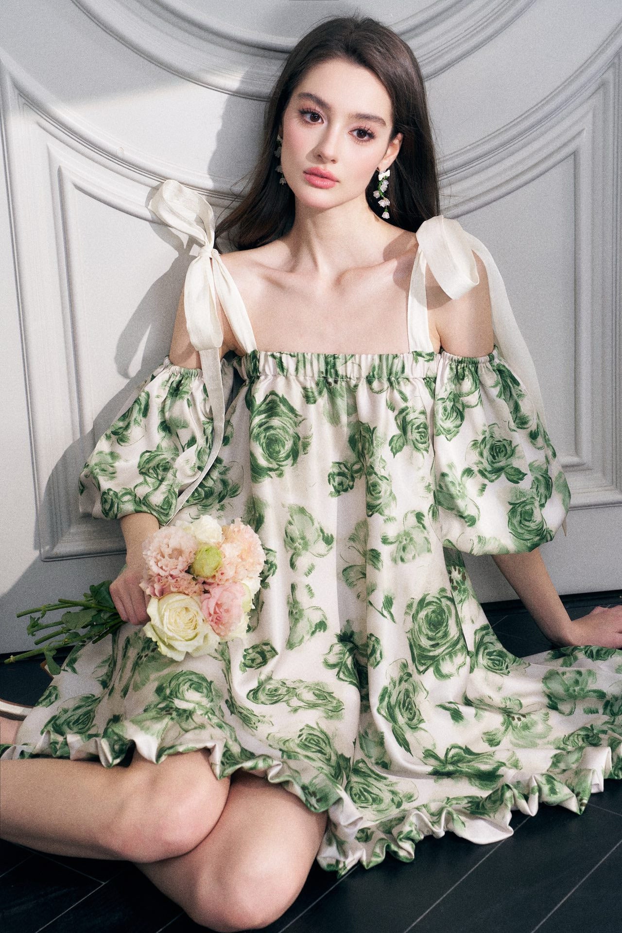 Green Floral Print Puff Sleeve Off-shoulder A-lined Mini Dress