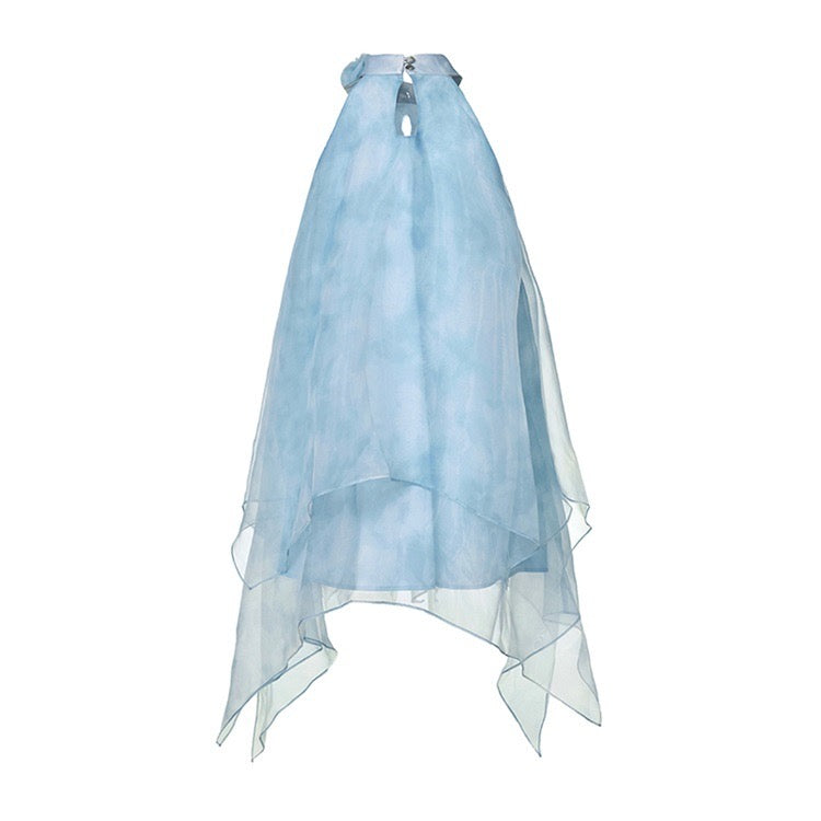 Dyed Organza Asymmetrical Hem Dress in Blue