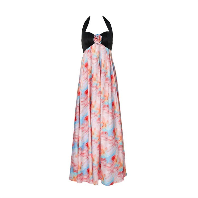 Black and Watercolor Printed Halter Gathered Maxi Dress