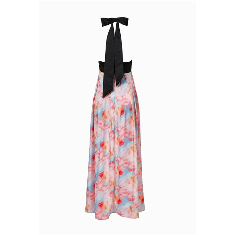 Black and Watercolor Printed Halter Gathered Maxi Dress