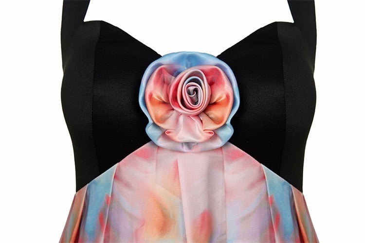 Black and Watercolor Printed Halter Gathered Maxi Dress