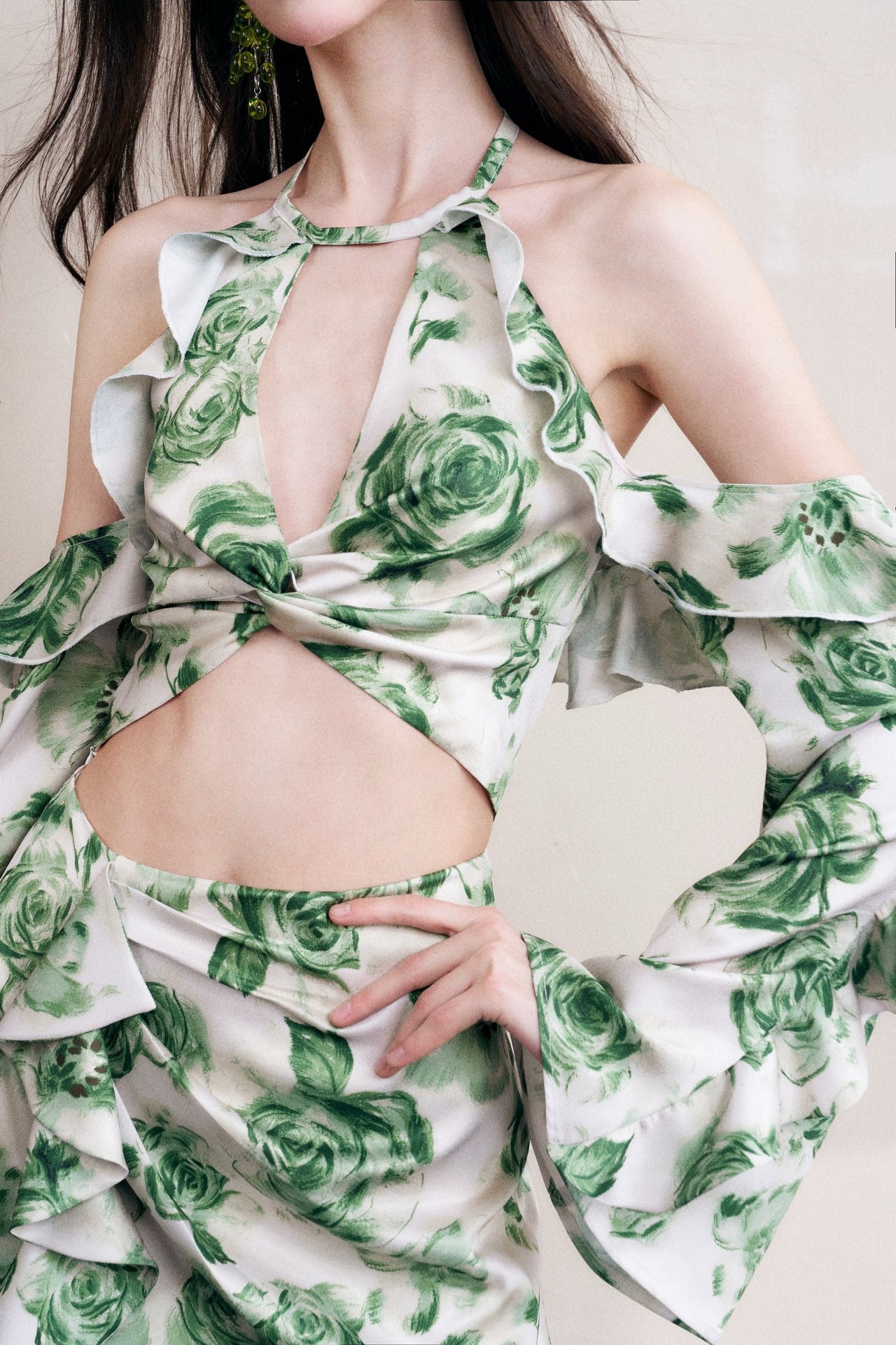 Green Floral Print Off-shoulder Ruffle Halter Crop Top