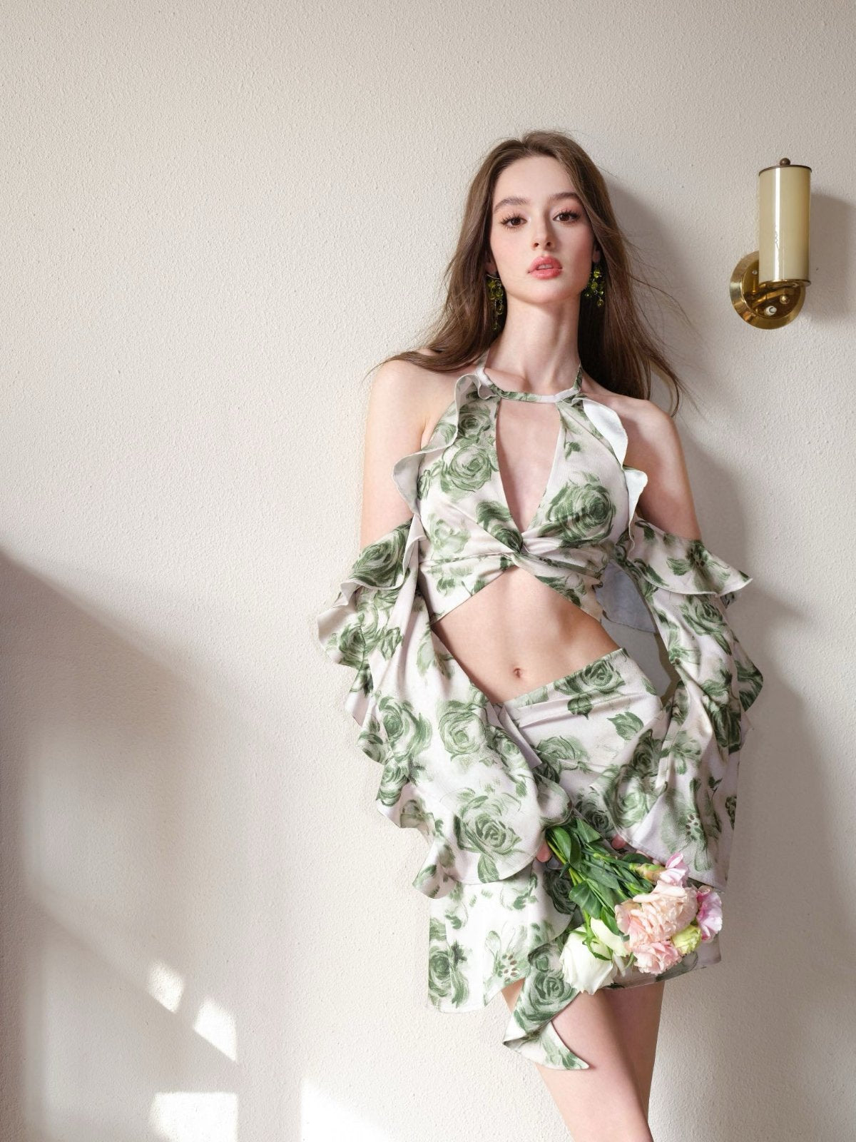 Green Floral Ruffle A-line Skirt