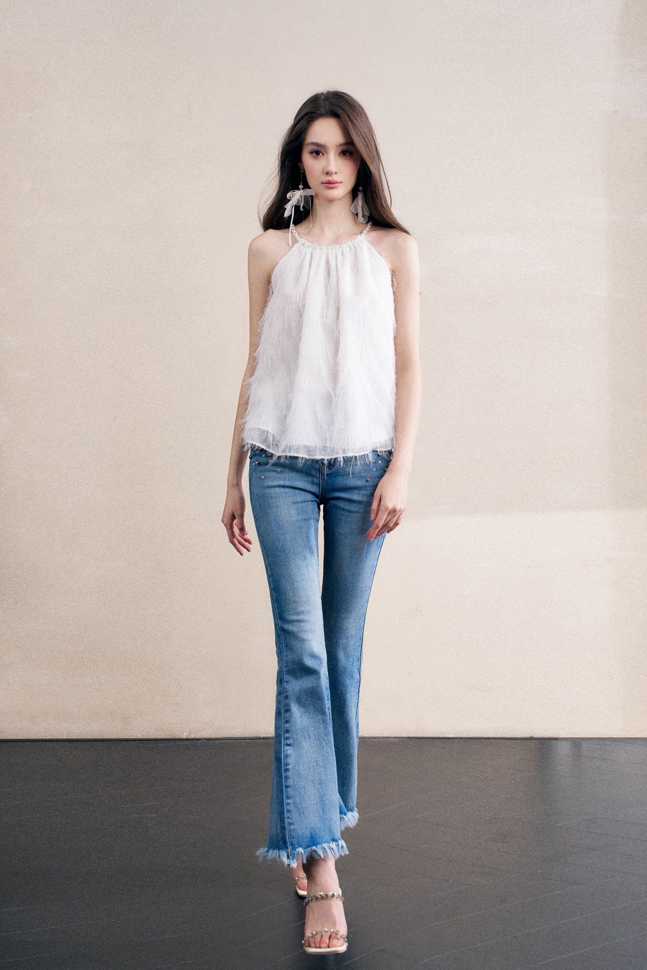 White Fringe Sleeveless Gathered Top