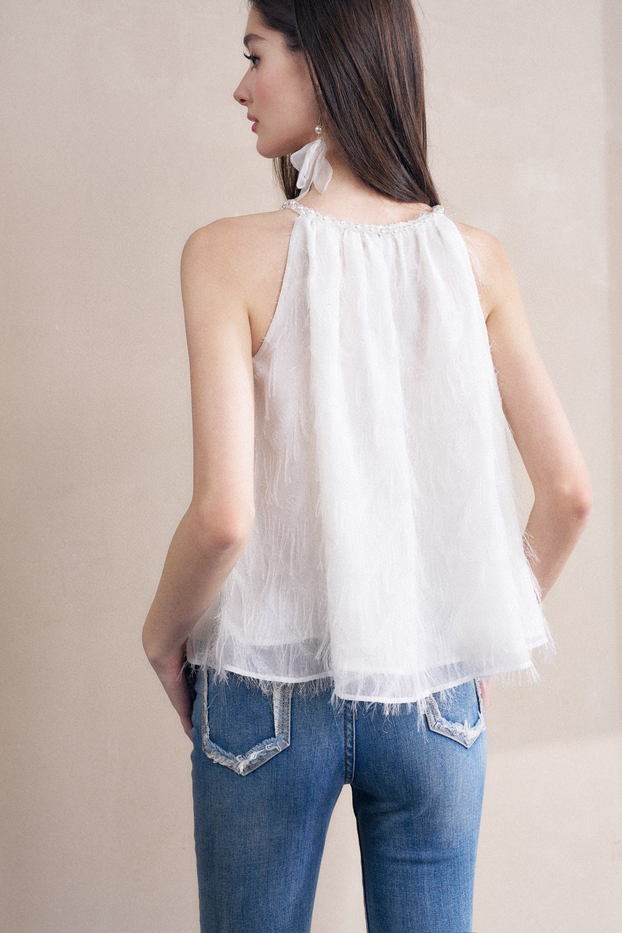 White Fringe Sleeveless Gathered Top