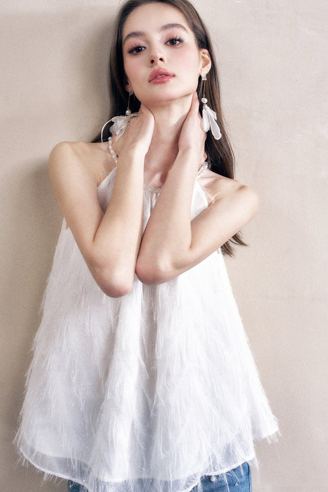 White Fringe Sleeveless Gathered Top