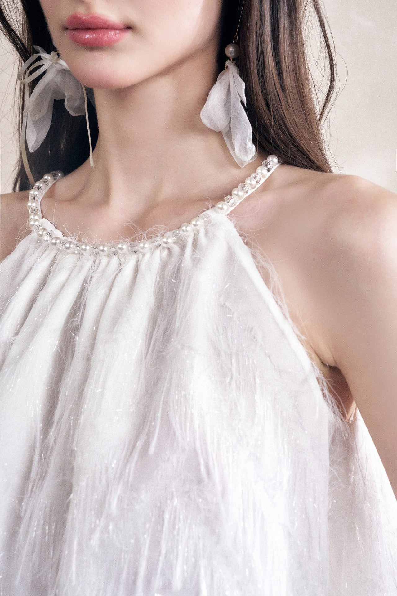 White Fringe Sleeveless Gathered Top