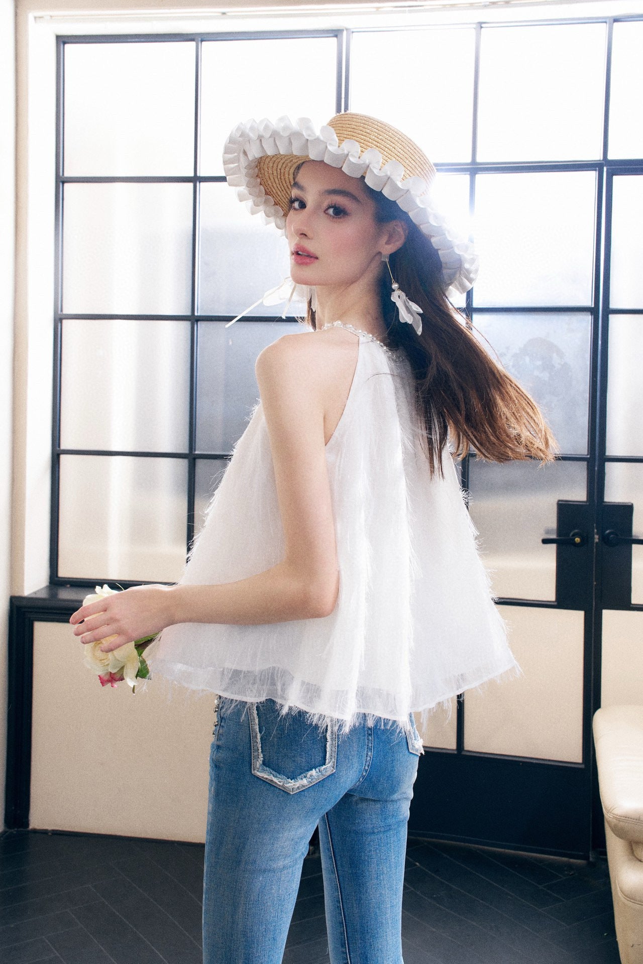 White Fringe Sleeveless Gathered Top