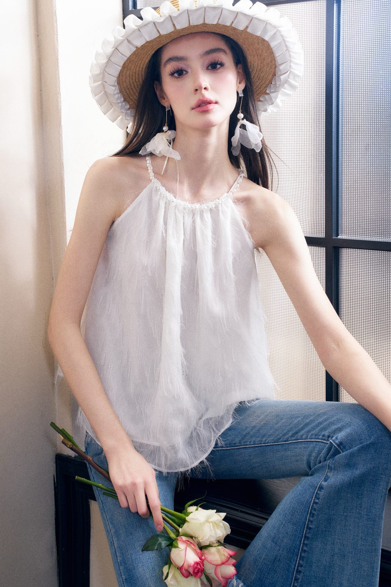 White Fringe Sleeveless Gathered Top
