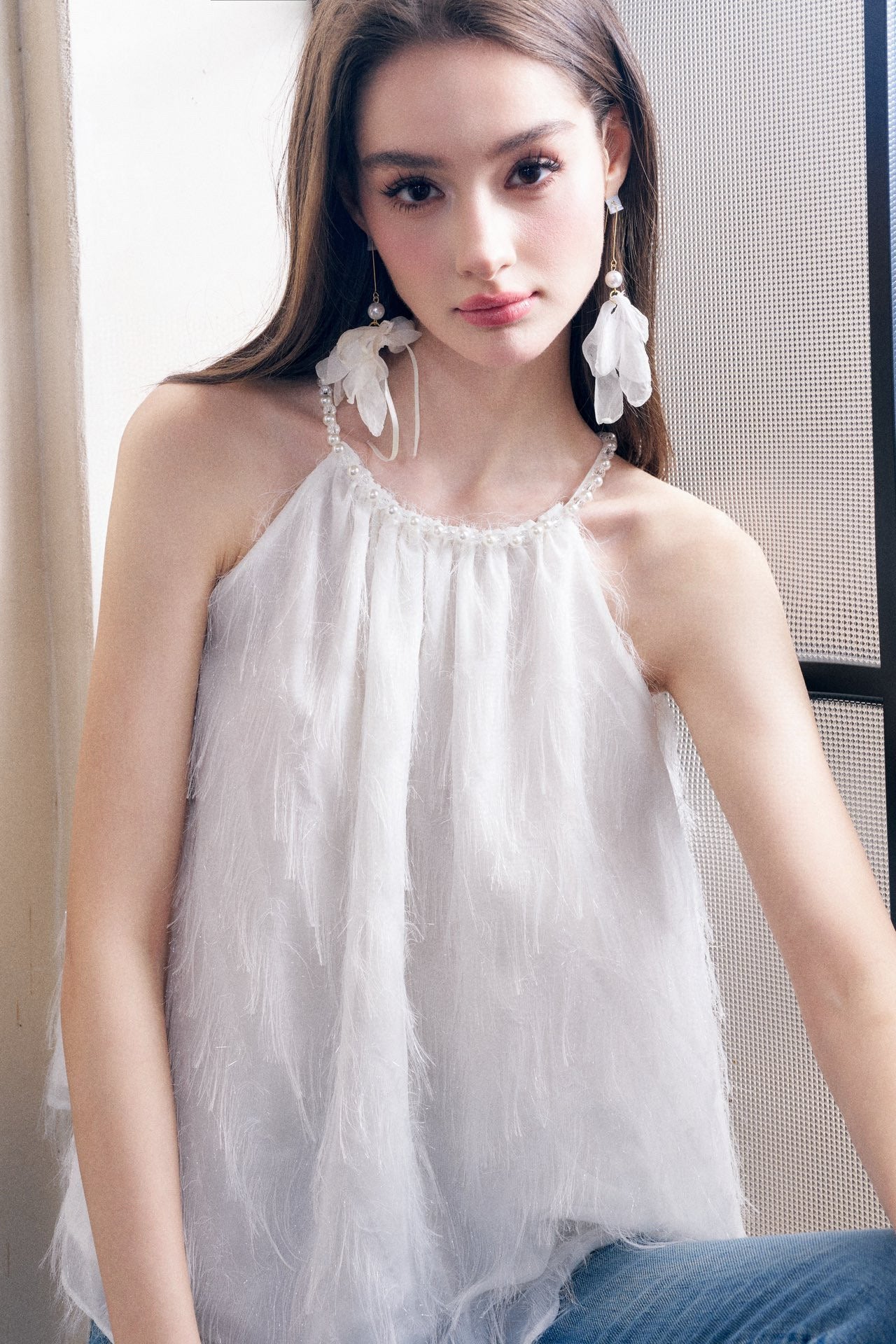 White Fringe Sleeveless Gathered Top