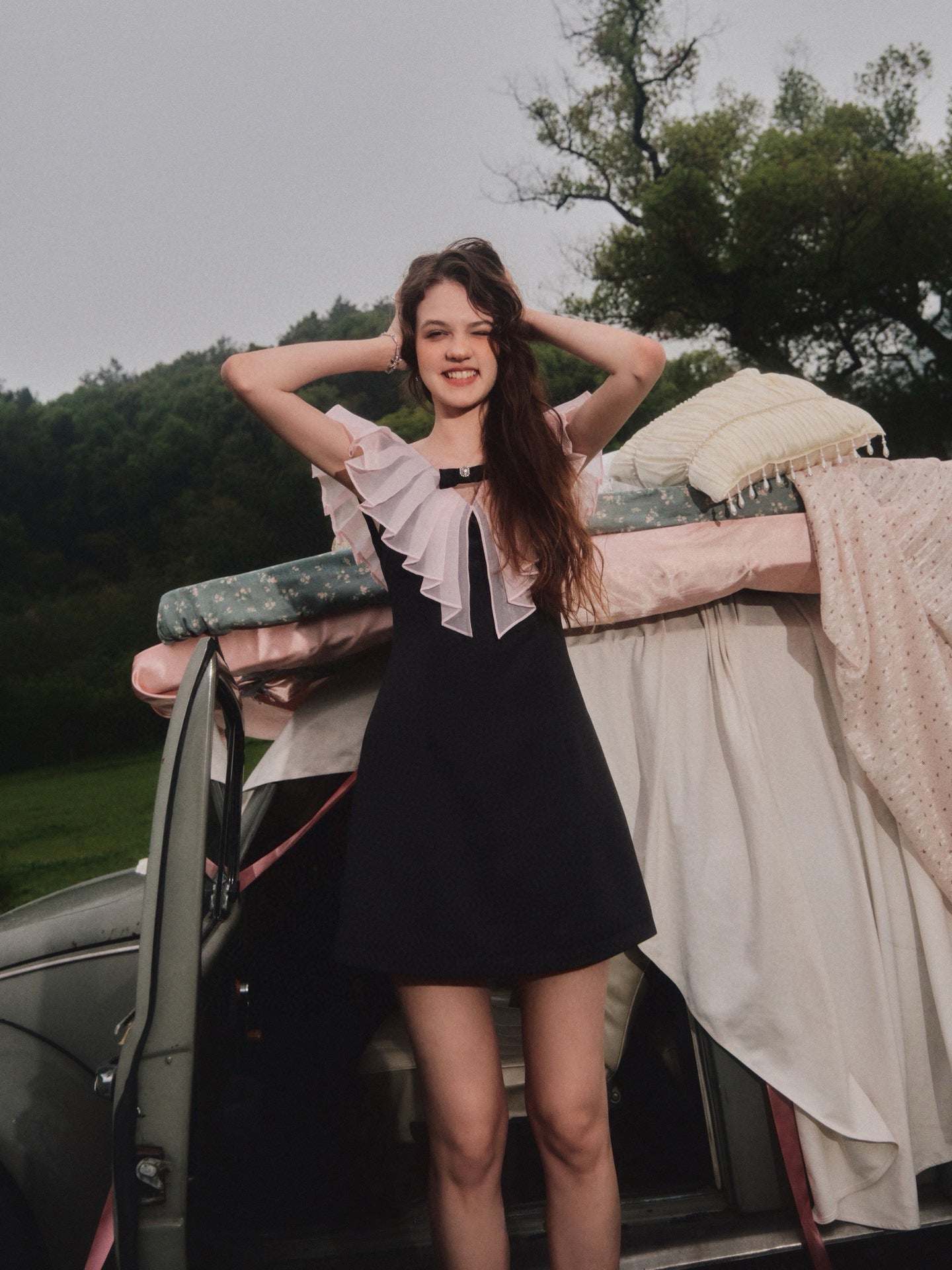 Pleated V-neck Bow-detail Mini Dress in Black