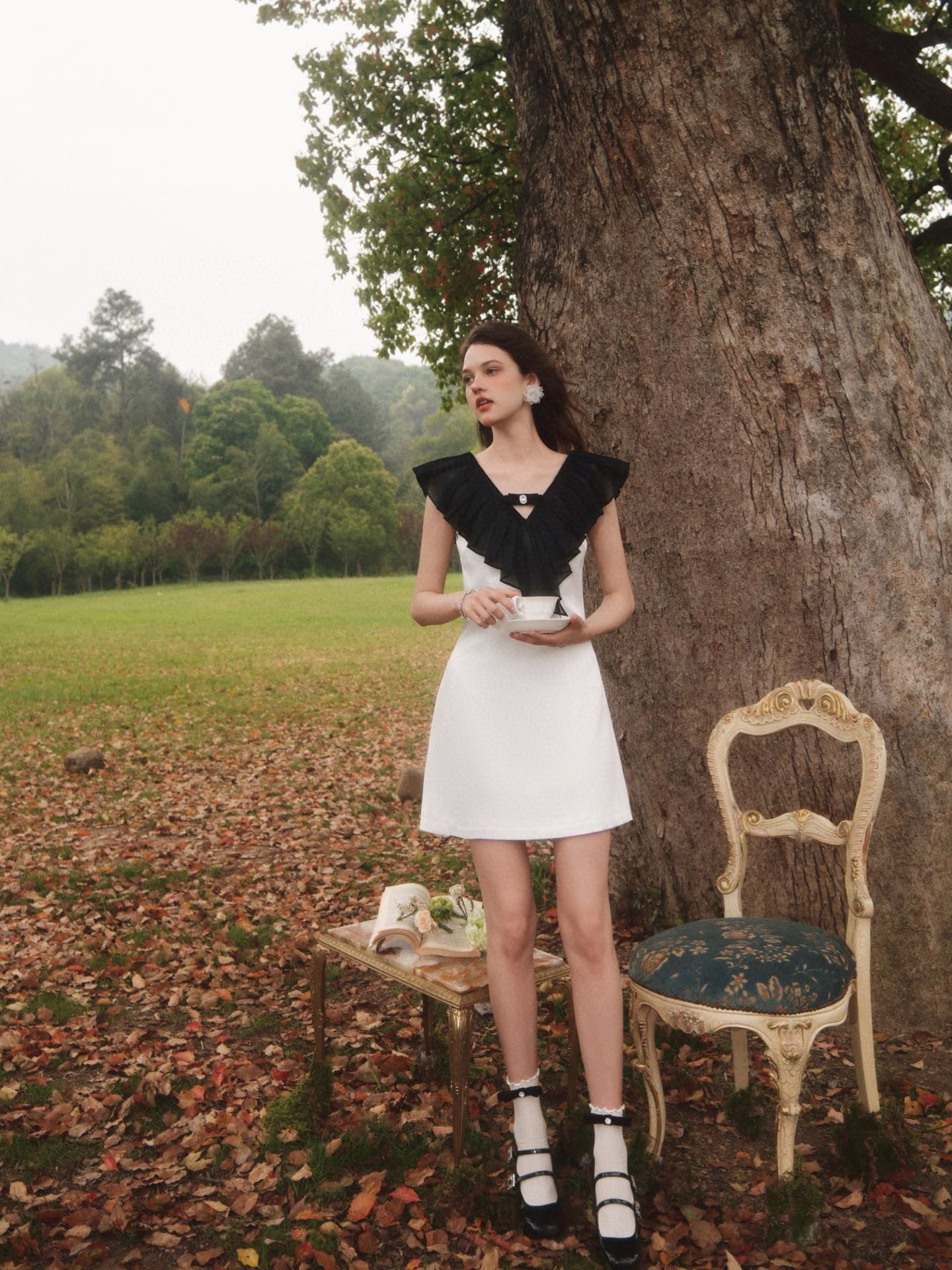 Pleated V-neck Bow-detail Mini Dress in White
