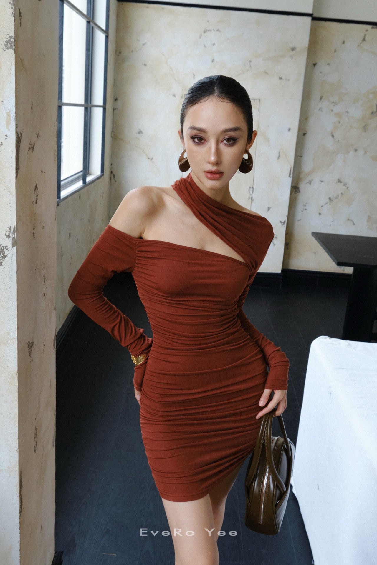 Asymmetrical Ruched Cut-out Mini Dress