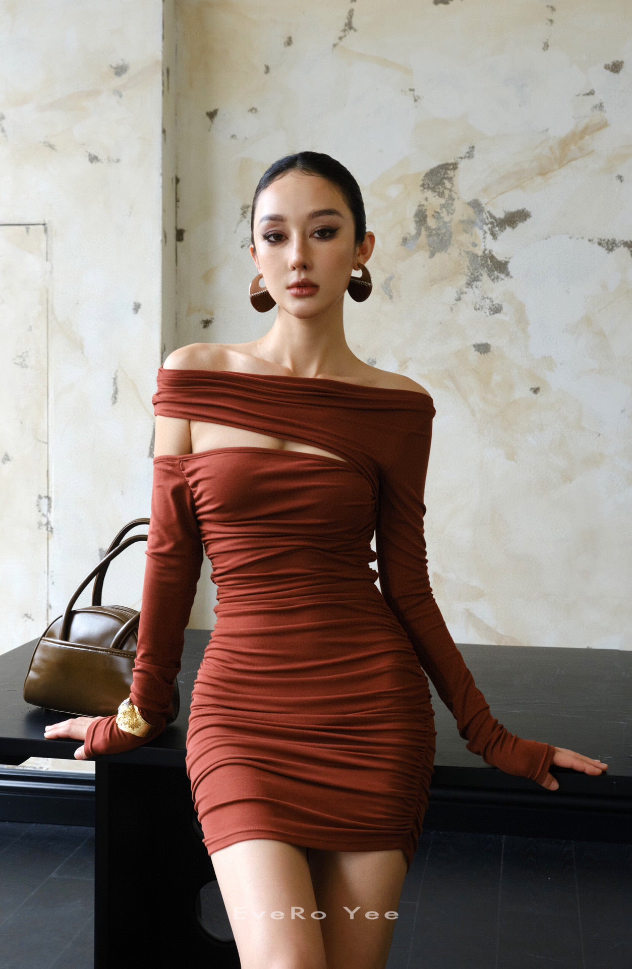 Asymmetrical Ruched Cut-out Mini Dress