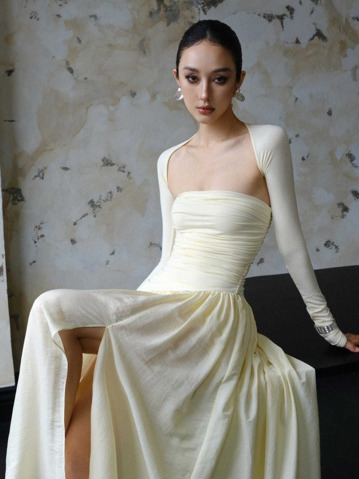 Creamy Ruched Side Slit Maxi Dress