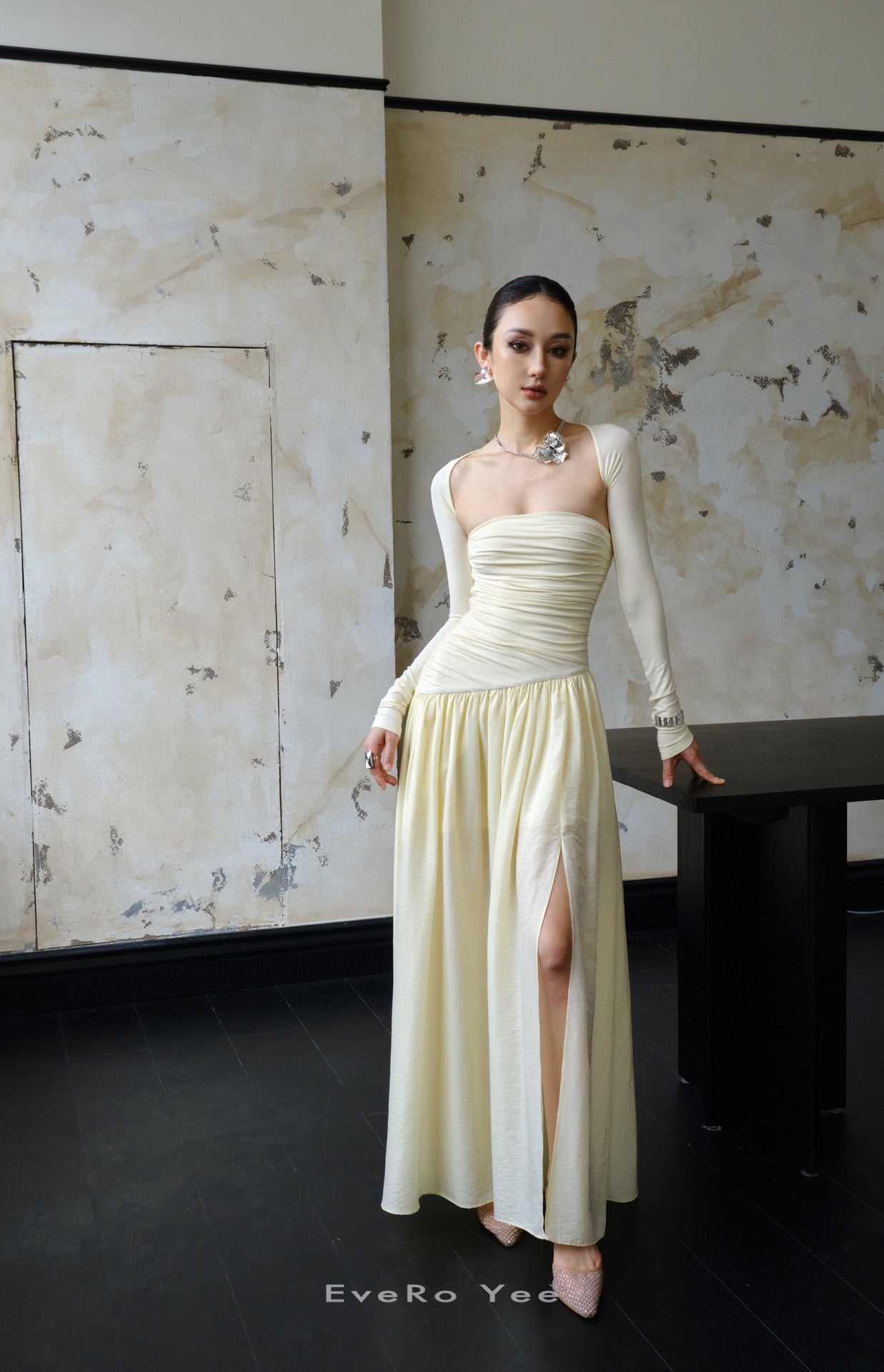 Creamy Ruched Side Slit Maxi Dress