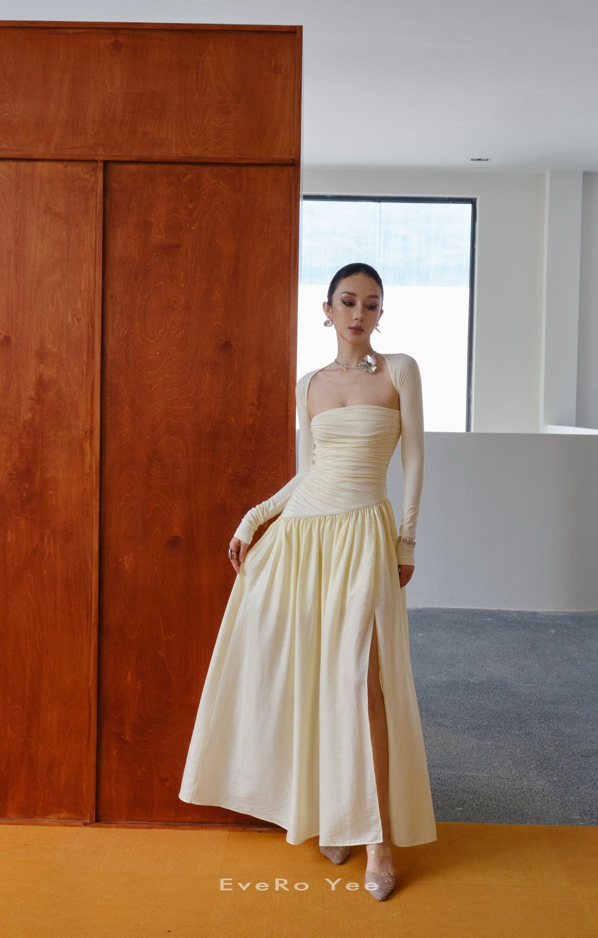 Creamy Ruched Side Slit Maxi Dress