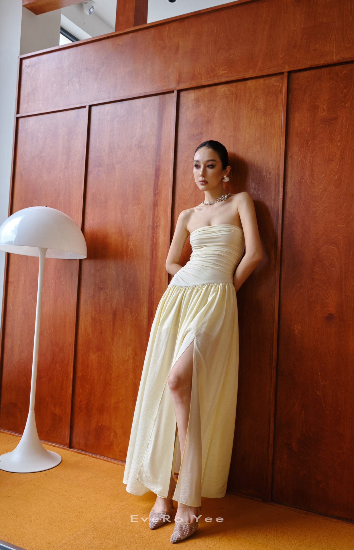 Creamy Ruched Side Slit Maxi Dress