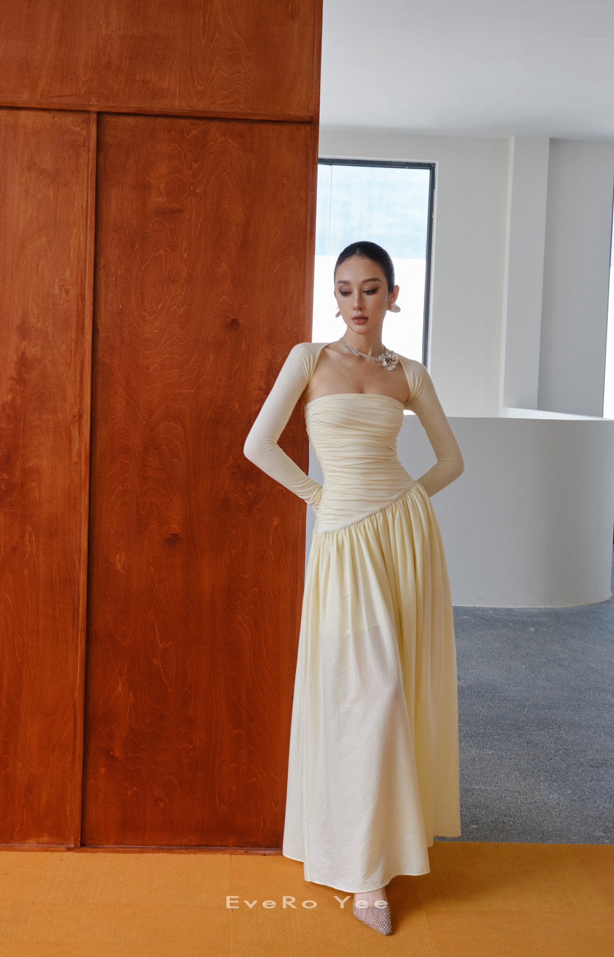 Creamy Ruched Side Slit Maxi Dress