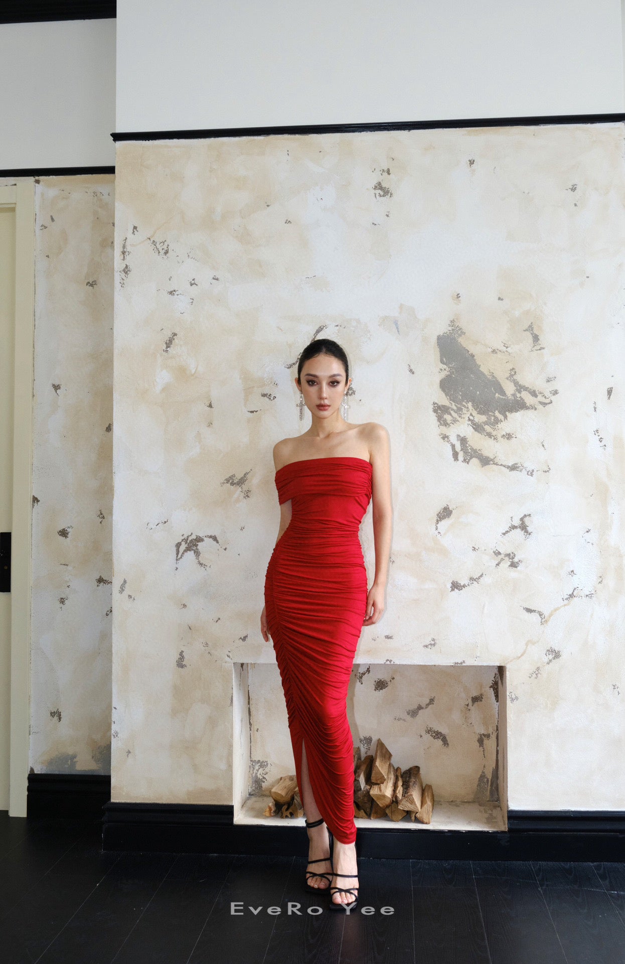 Red off-shoulder Ruched Midi Dress