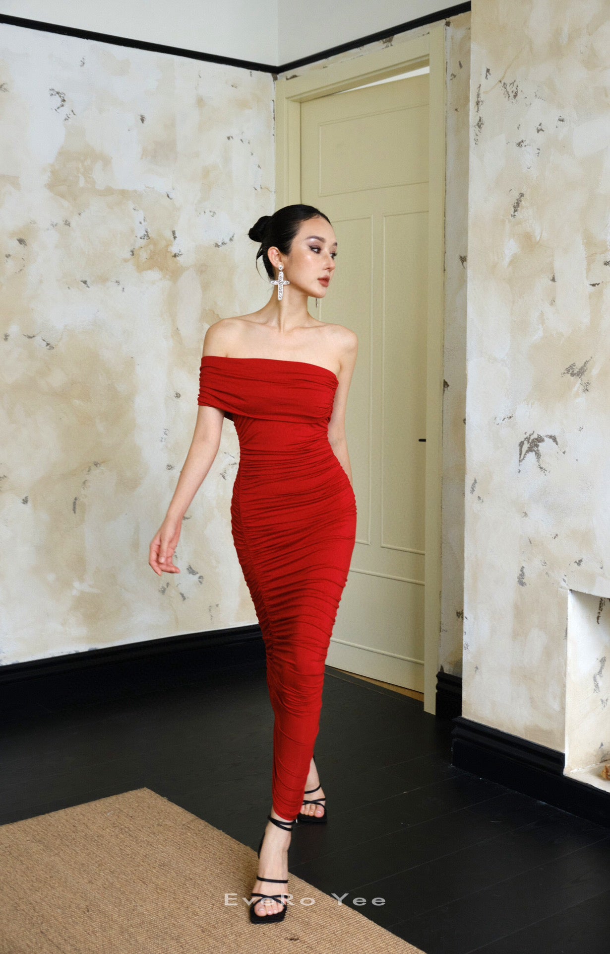 Red off-shoulder Ruched Midi Dress