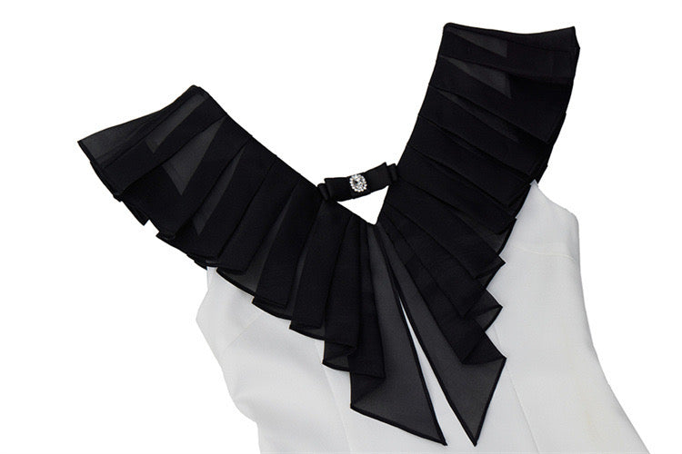 Pleated V-neck Bow-detail Mini Dress in White