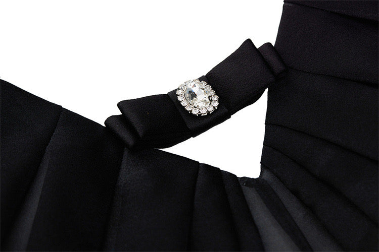 Pleated V-neck Bow-detail Mini Dress in Black