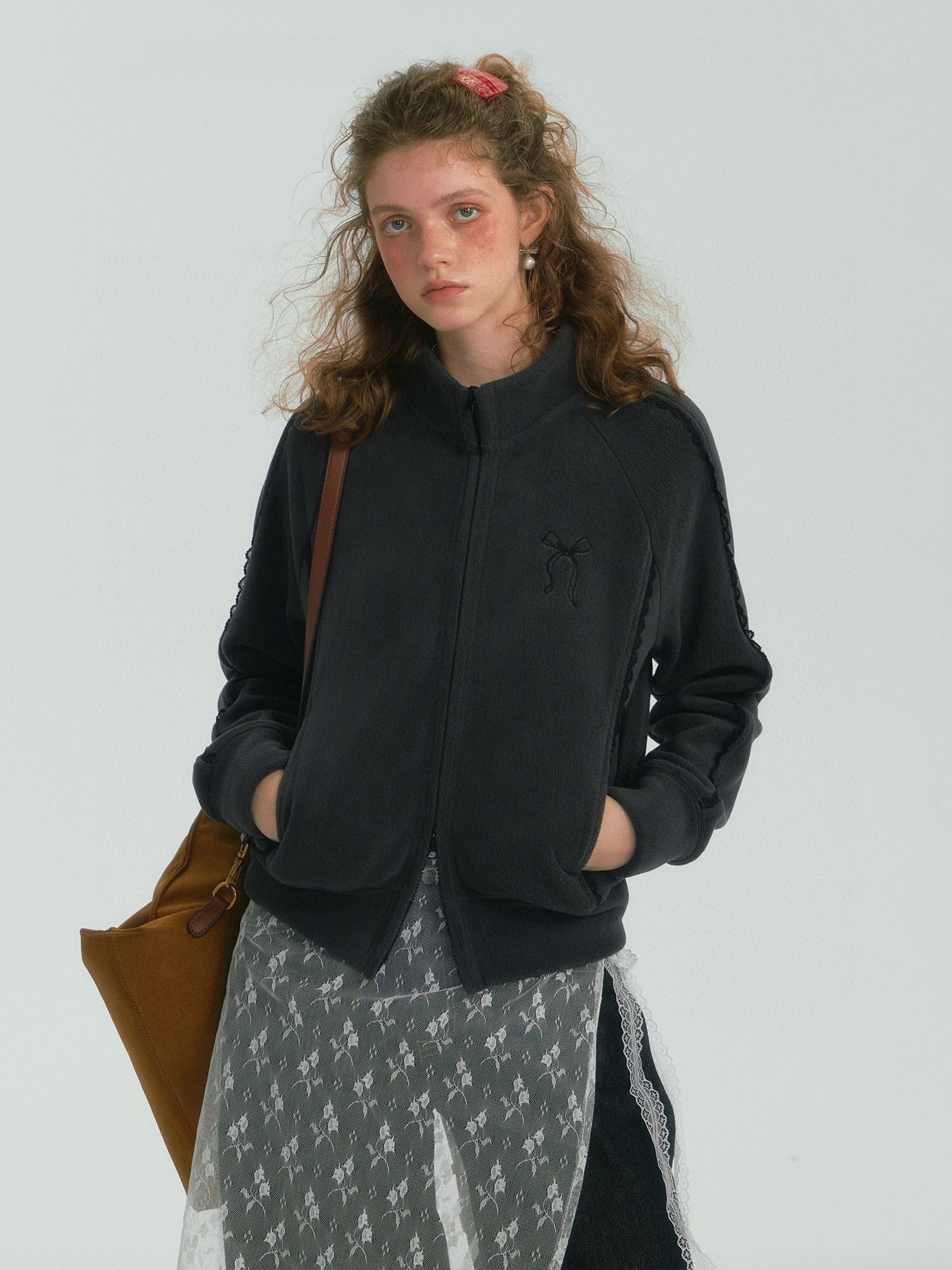 Lace-Trimmed Stand-Collar Jacket