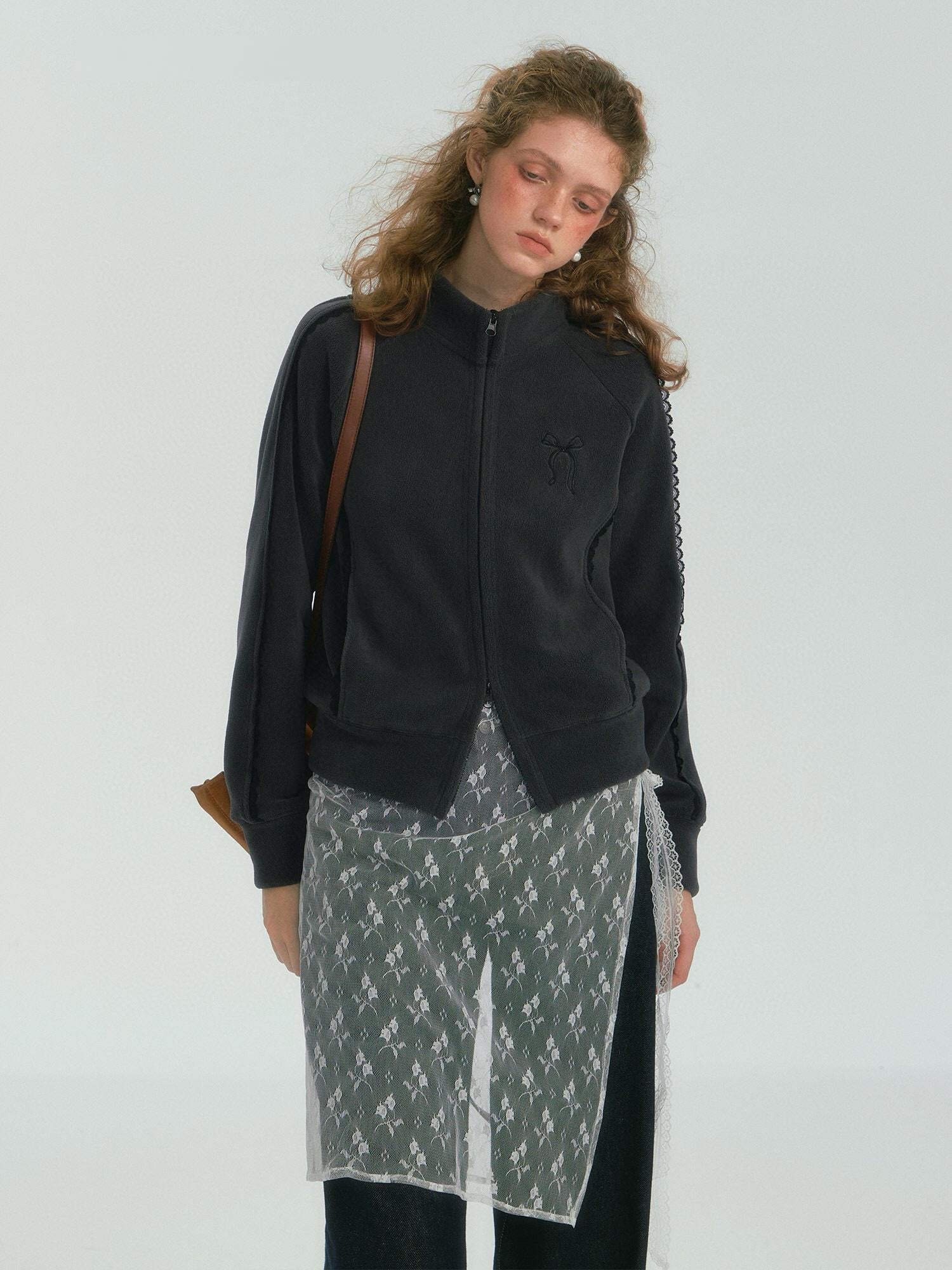 Lace-Trimmed Stand-Collar Jacket