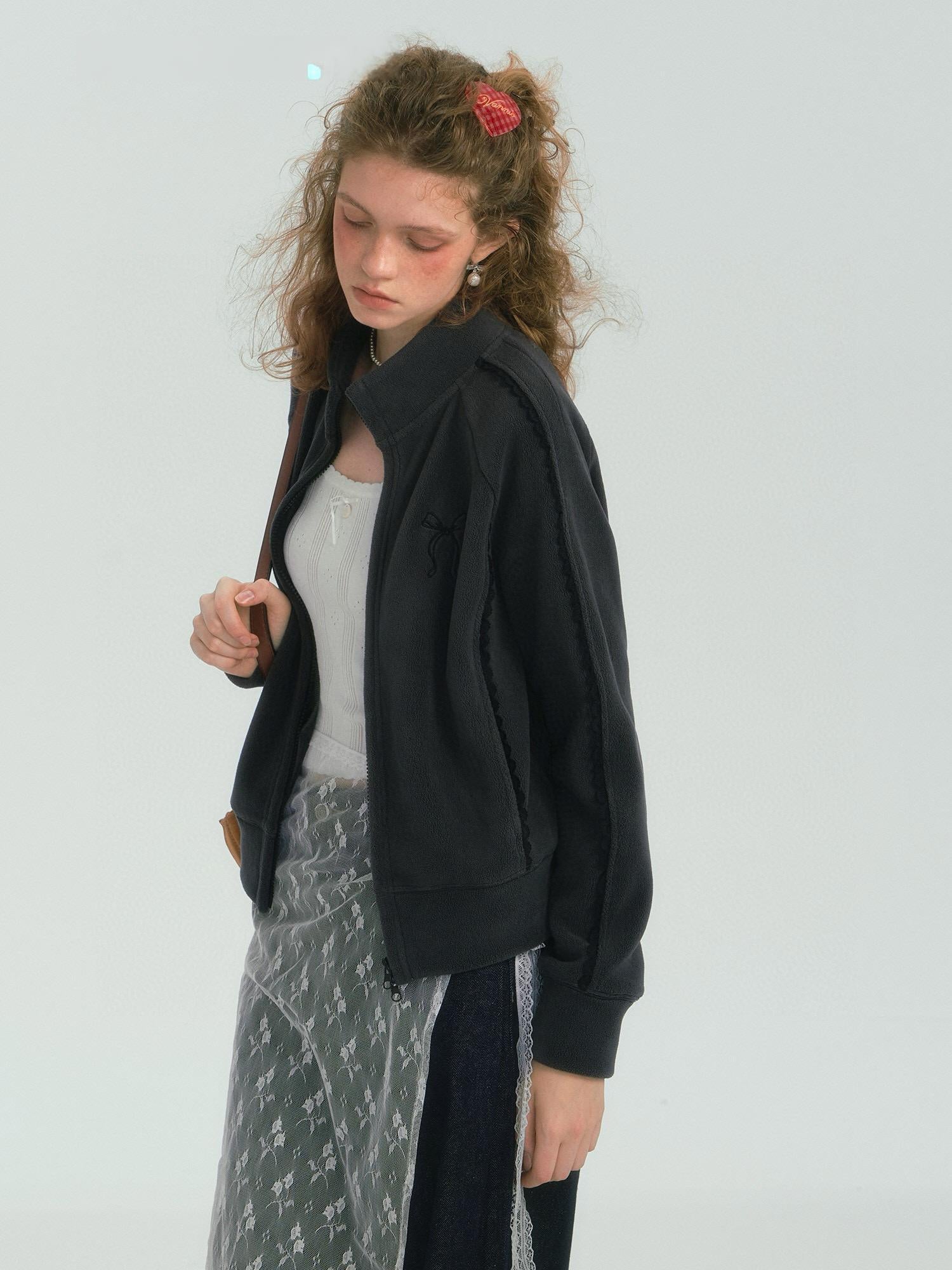 Lace-Trimmed Stand-Collar Jacket