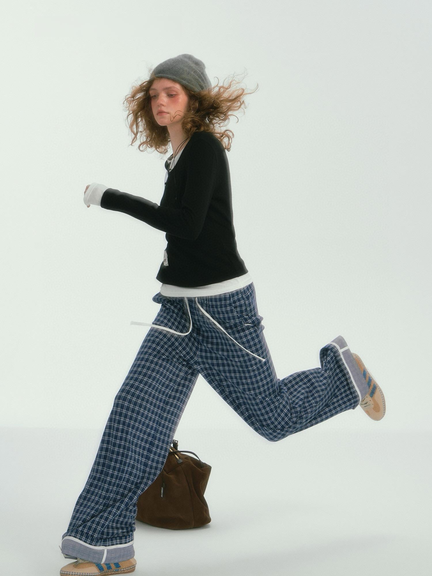 Relaxed Fit Plaid Wide-Leg Pants