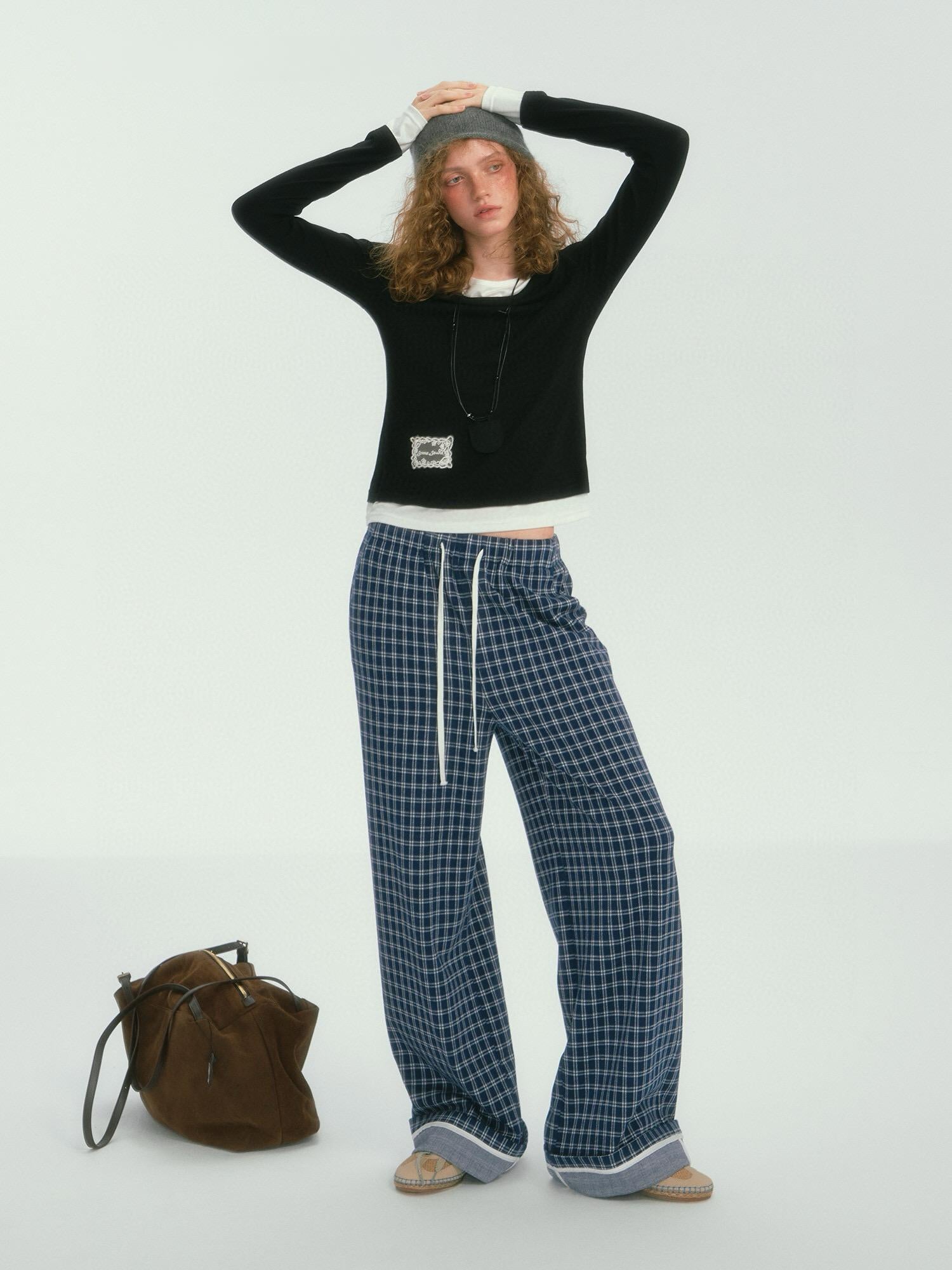 Relaxed Fit Plaid Wide-Leg Pants