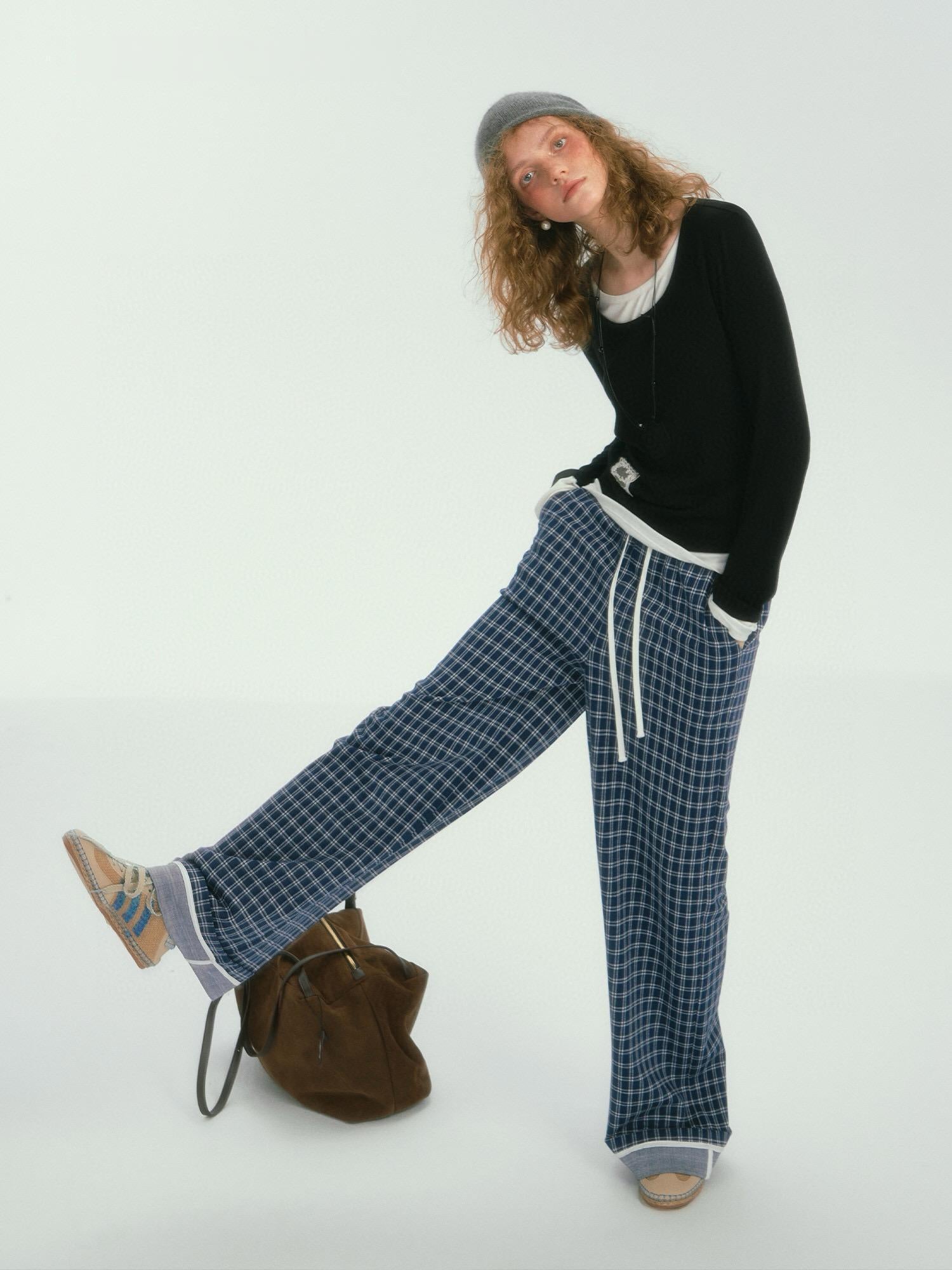 Relaxed Fit Plaid Wide-Leg Pants