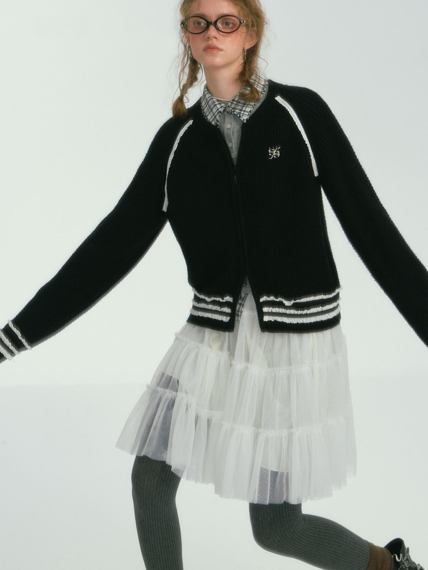 Black Floral Trim Black Knit Cardigan