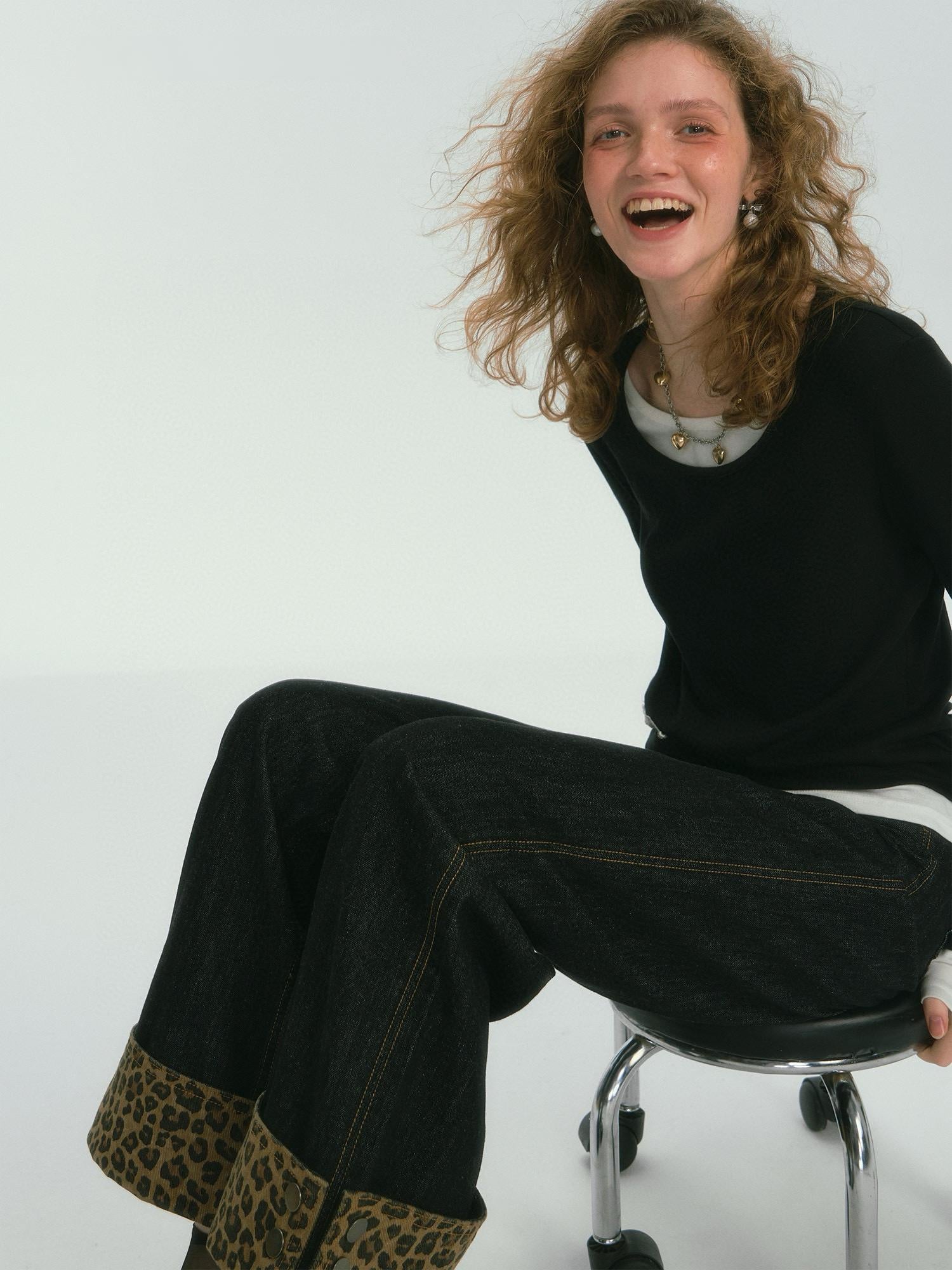 Leopard Cuff Wide-Leg Jeans